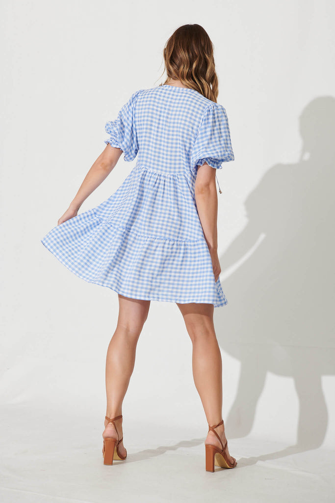 Santanna Smock Dress In Blue And White Gingham Cotton Blend - back