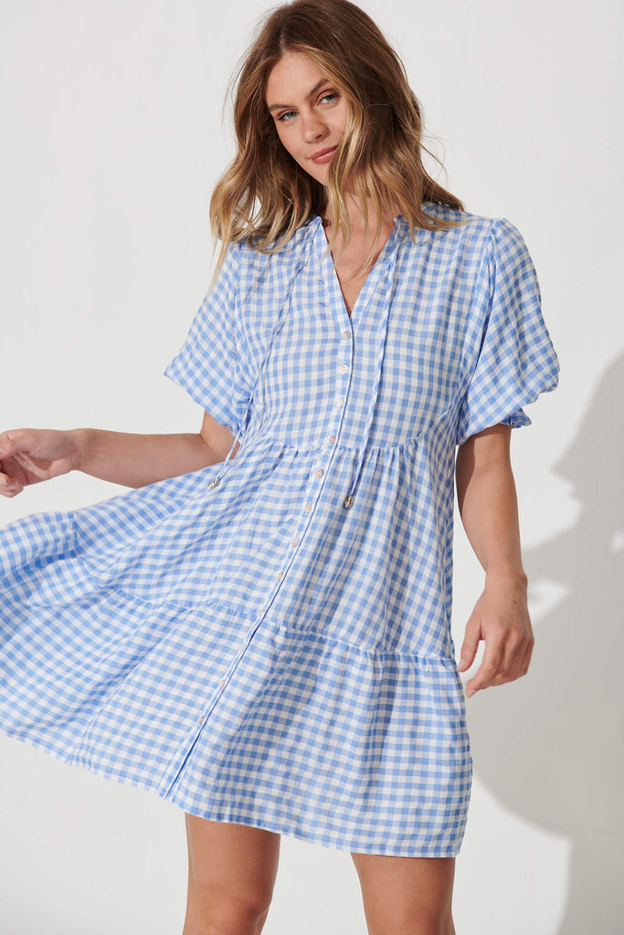 Santanna Smock Dress In Blue And White Gingham Cotton Blend - front