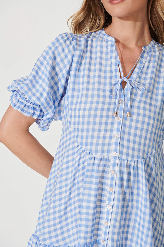 Santanna Smock Dress In Blue And White Gingham Cotton Blend - detail