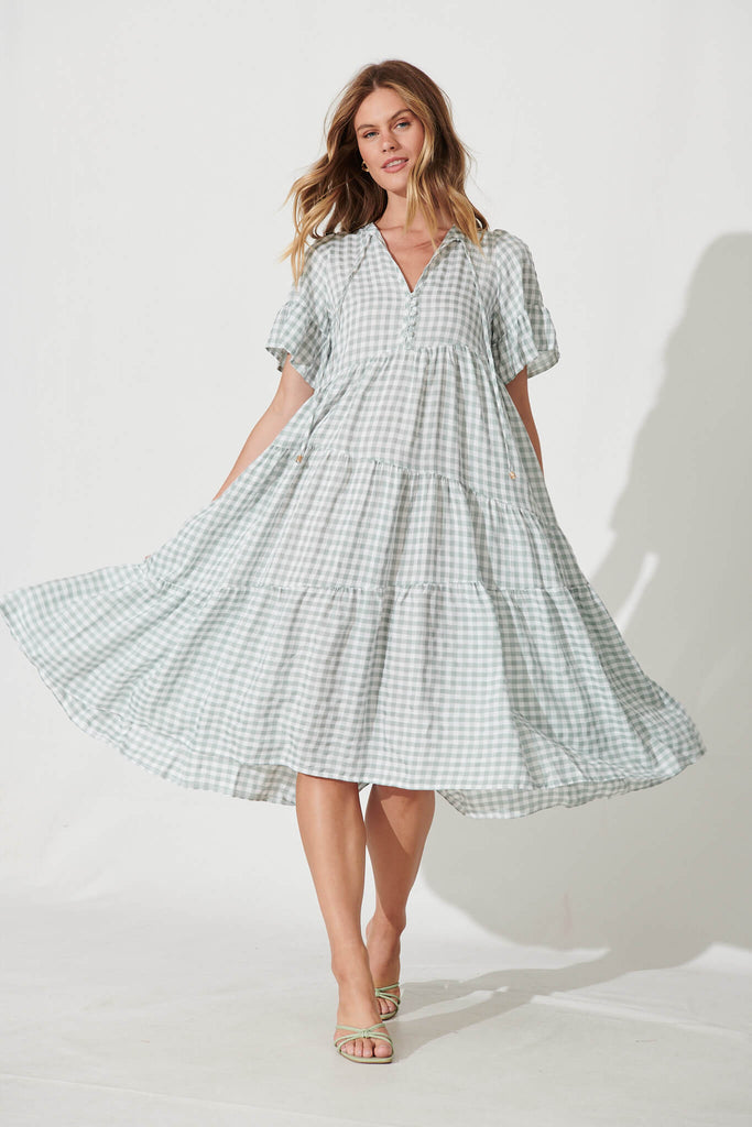 Charliese Midi Dress In Green And White Gingham Cotton Blend - full length
