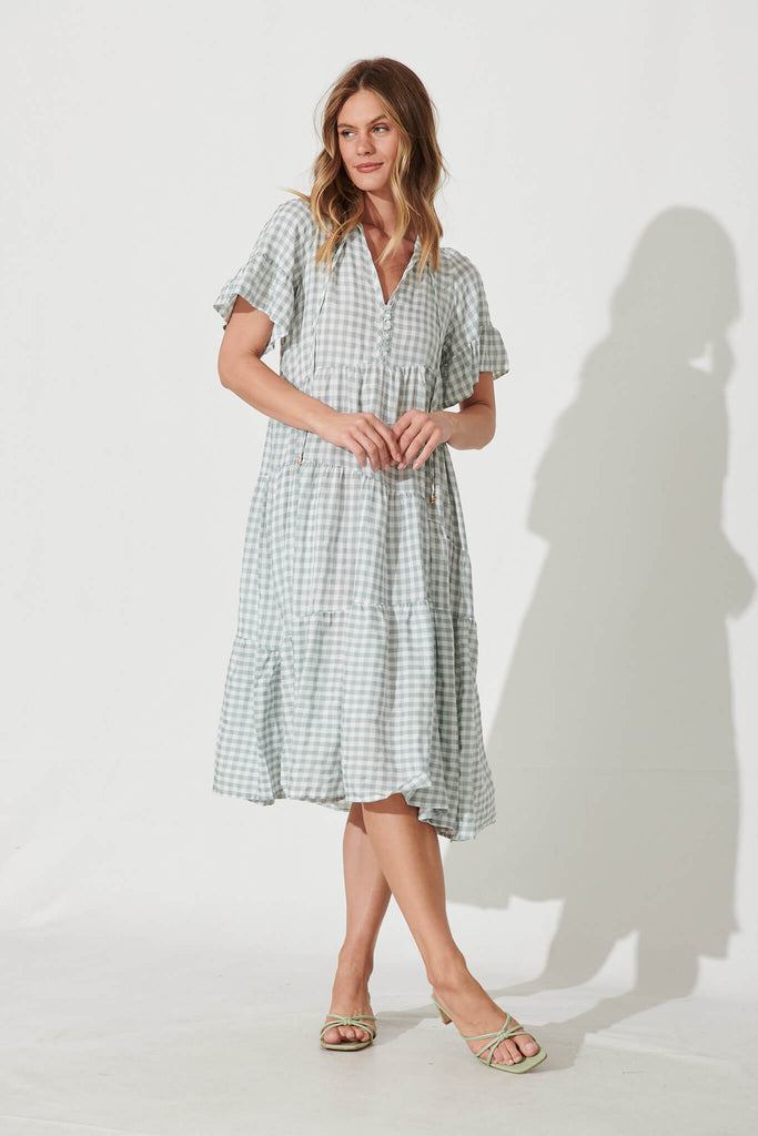 Charliese Midi Dress In Green And White Gingham Cotton Blend - full length