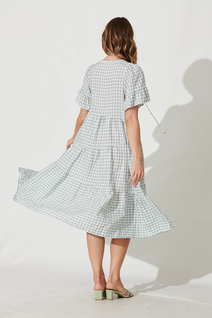 Charliese Midi Dress In Green And White Gingham Cotton Blend - back