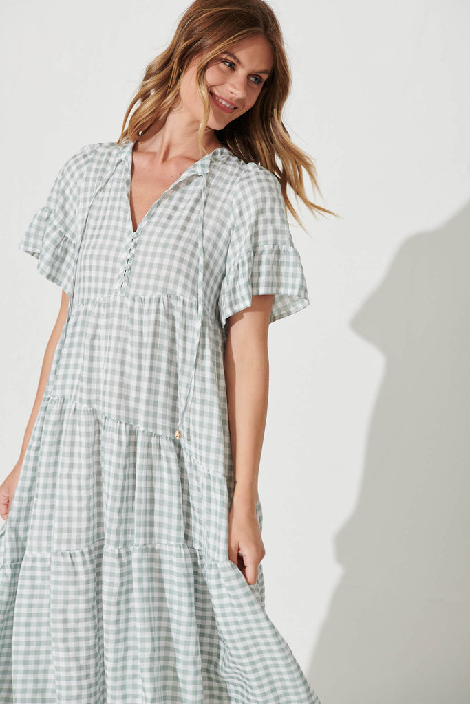Charliese Midi Dress In Green And White Gingham Cotton Blend - front
