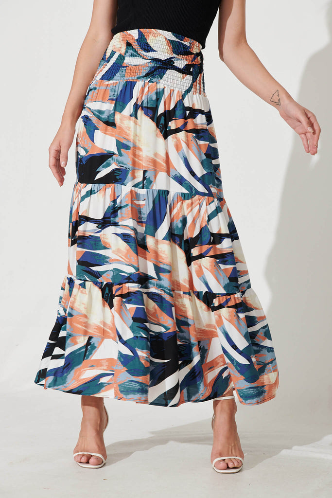Macarena Maxi Skirt In Blue Multi Leaf Print - front