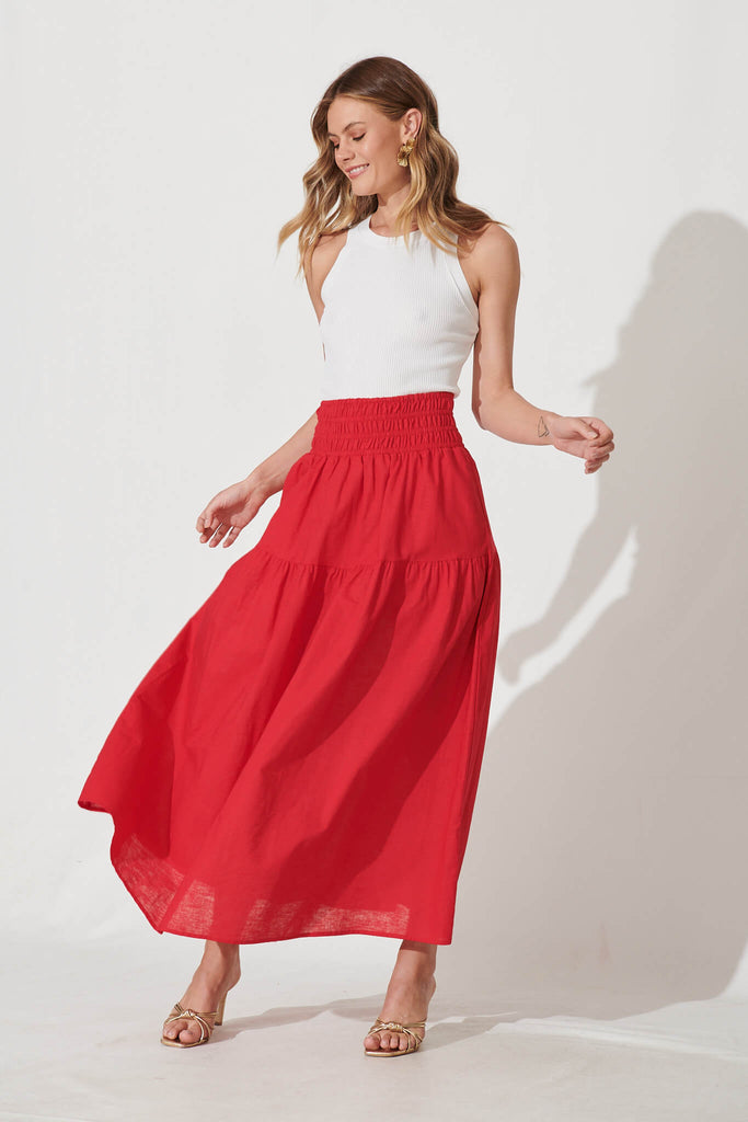 Simona Maxi Skirt In Red Linen Blend - full length