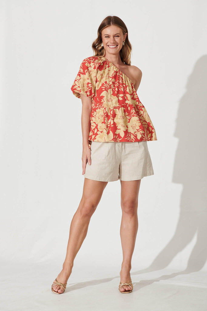 Quest One Shoulder Top In Red With Beige Floral Linen Blend - full length