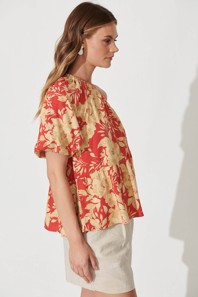 Quest One Shoulder Top In Red With Beige Floral Linen Blend - right side