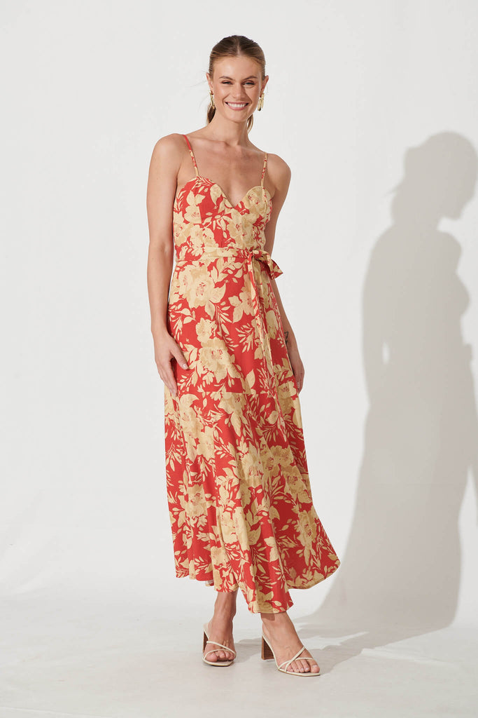 Beachside Maxi Sundress In Red With Beige Floral Linen Blend - full length