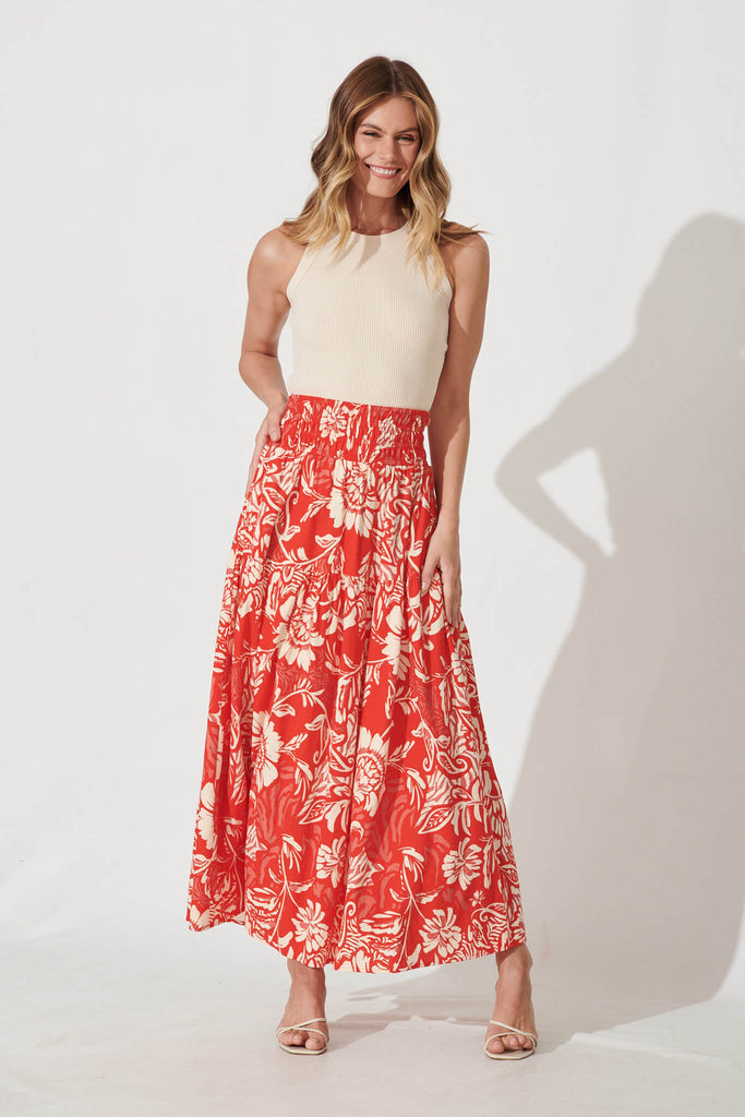 Simona Maxi Skirt In Red With Cream Floral Linen Blend - full length