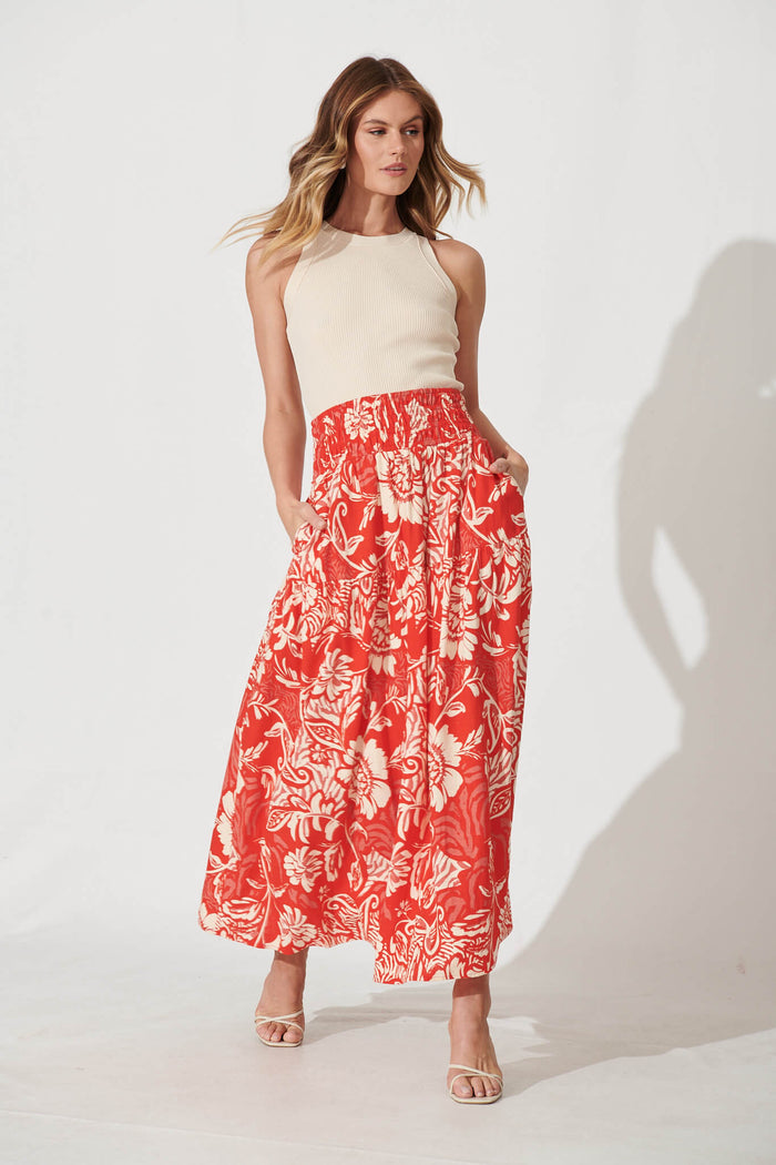 Simona Maxi Skirt In Red With Cream Floral Linen Blend - full length