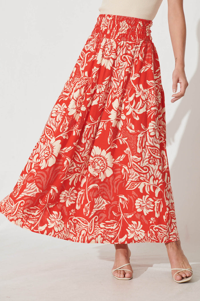 Simona Maxi Skirt In Red With Cream Floral Linen Blend - front