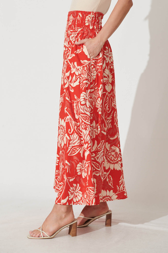 Simona Maxi Skirt In Red With Cream Floral Linen Blend - side