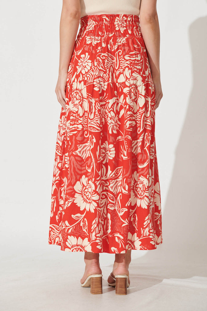 Simona Maxi Skirt In Red With Cream Floral Linen Blend - back
