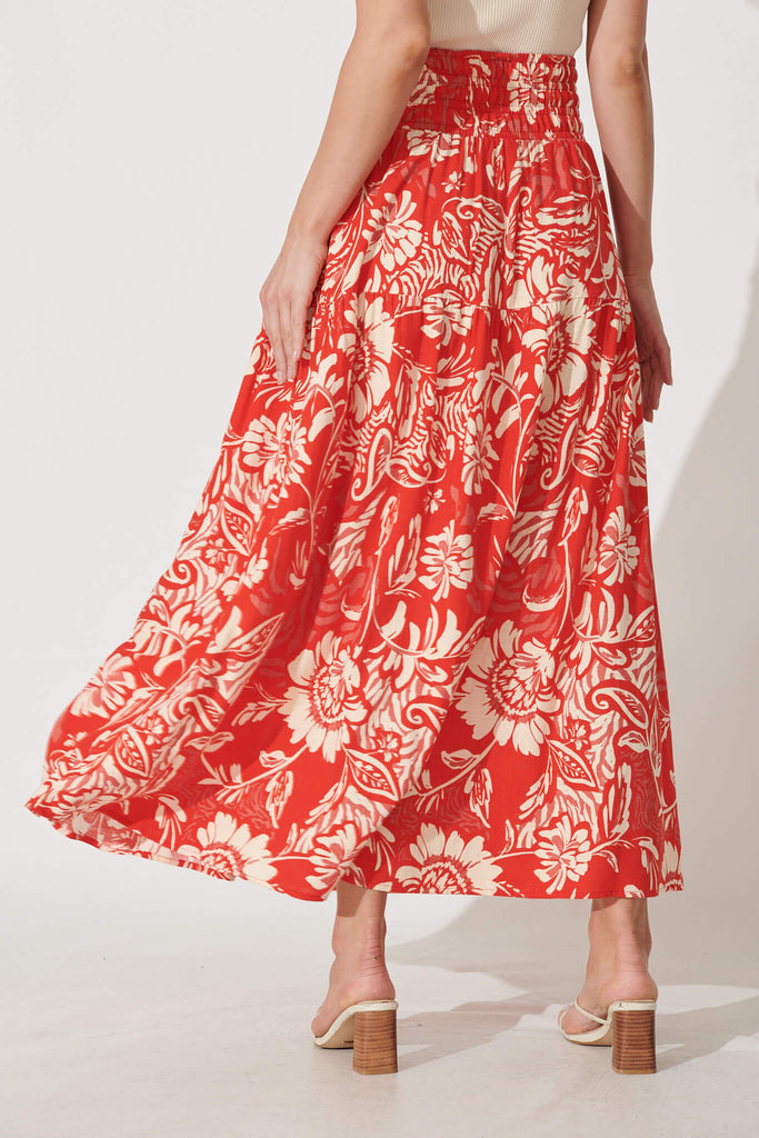 Simona Maxi Skirt In Red With Cream Floral Linen Blend - back