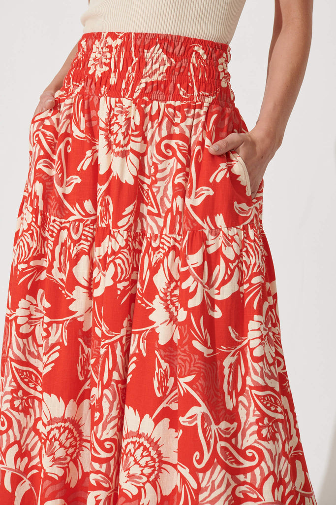 Simona Maxi Skirt In Red With Cream Floral Linen Blend - detail