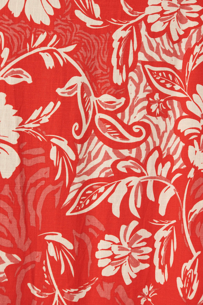 Simona Maxi Skirt In Red With Cream Floral Linen Blend - fabric