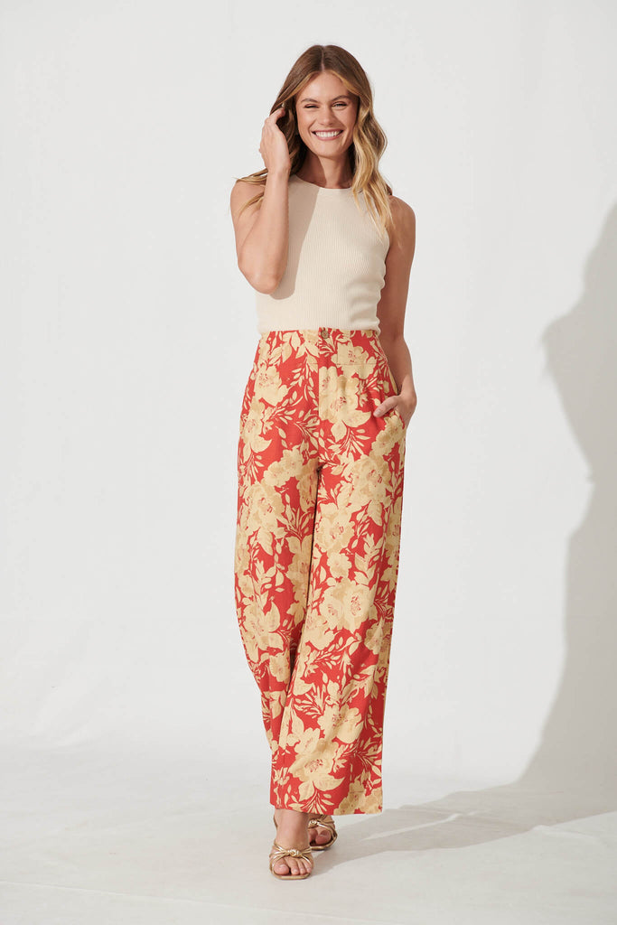 Posy Pant In Red With Beige Floral Linen Blend - full length
