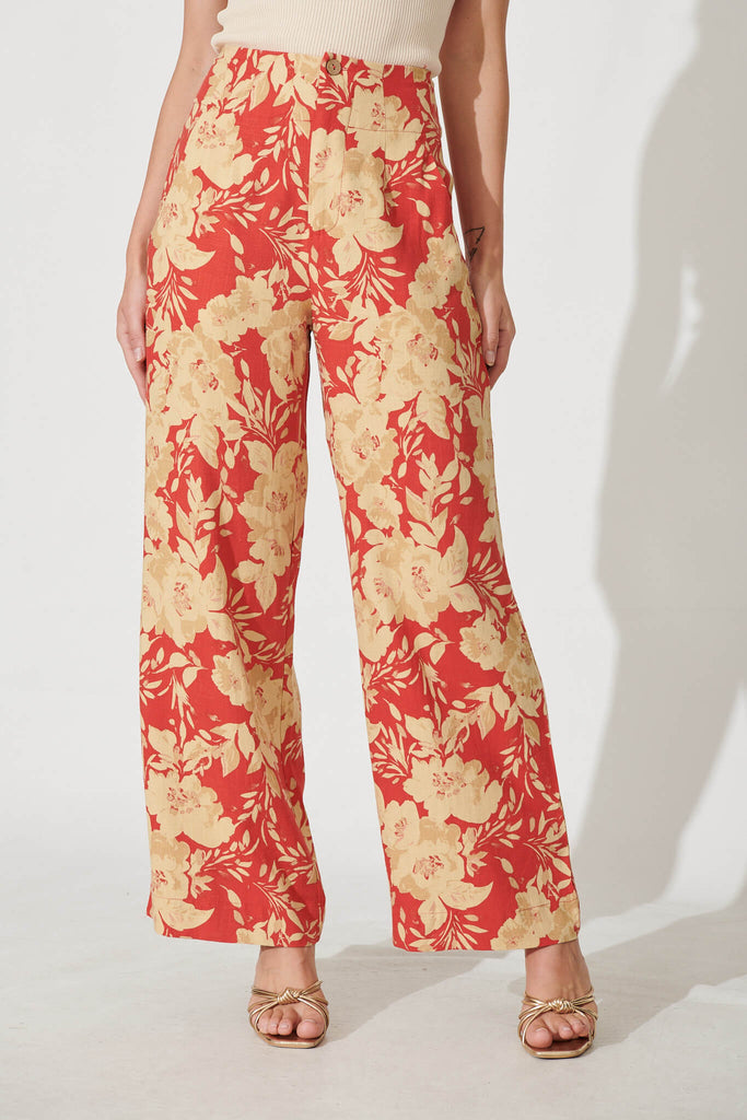 Posy Pant In Red With Beige Floral Linen Blend - front