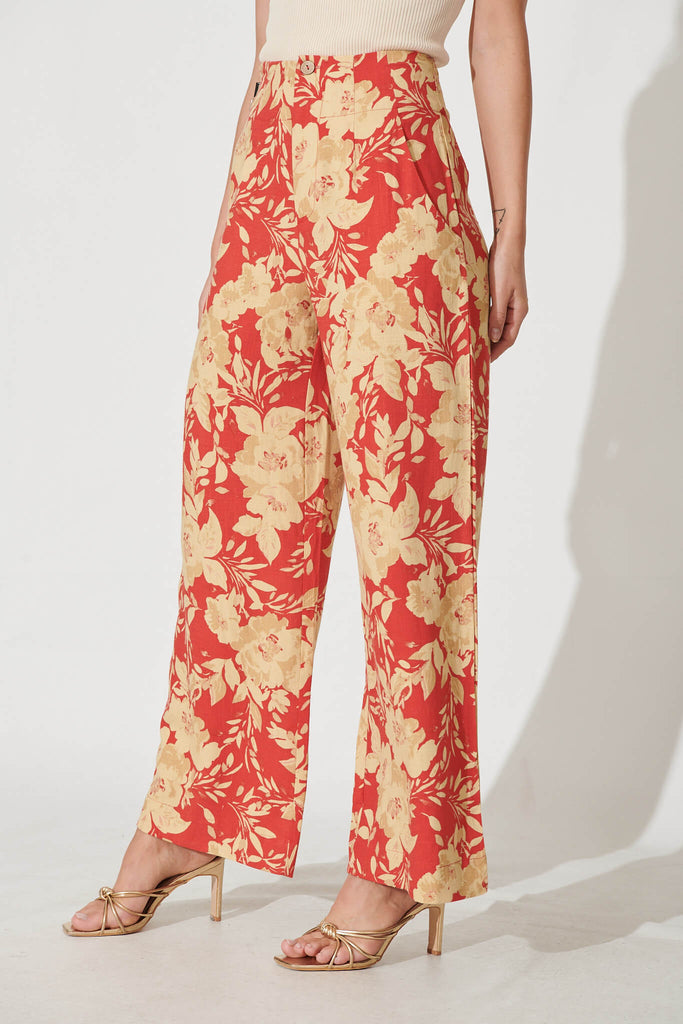 Posy Pant In Red With Beige Floral Linen Blend - side
