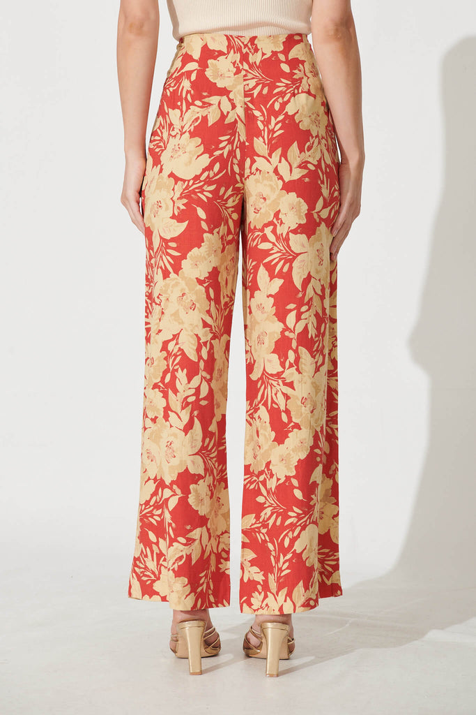Posy Pant In Red With Beige Floral Linen Blend - back