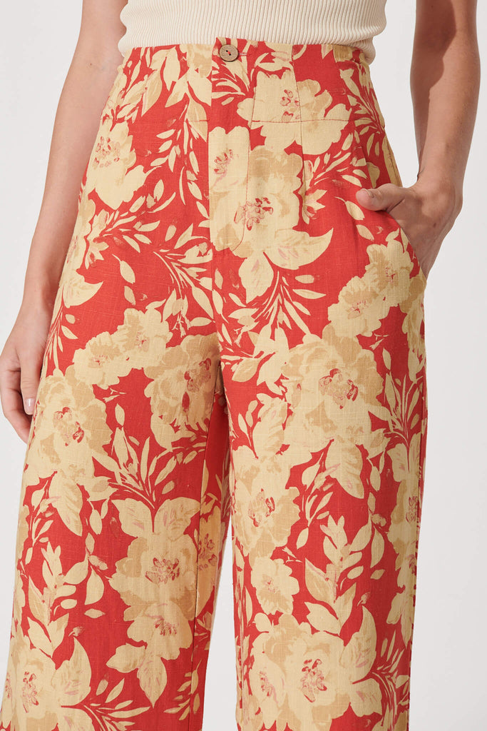 Posy Pant In Red With Beige Floral Linen Blend - detail