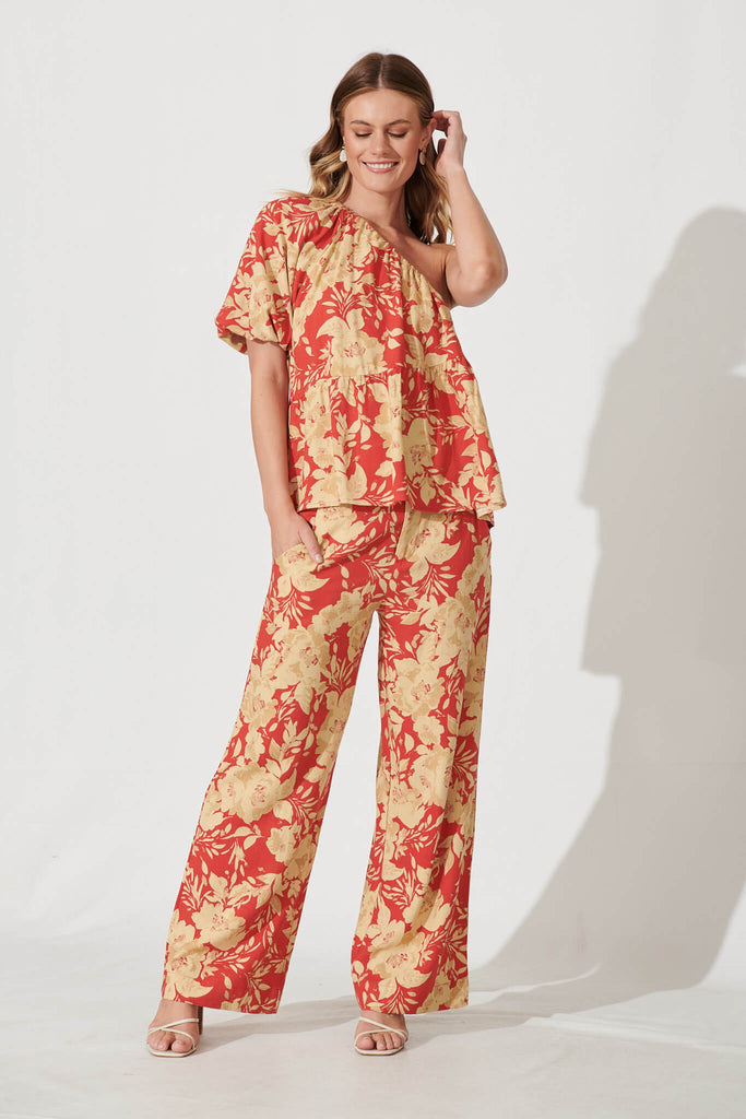 Posy Pant In Red With Beige Floral Linen Blend - full length set