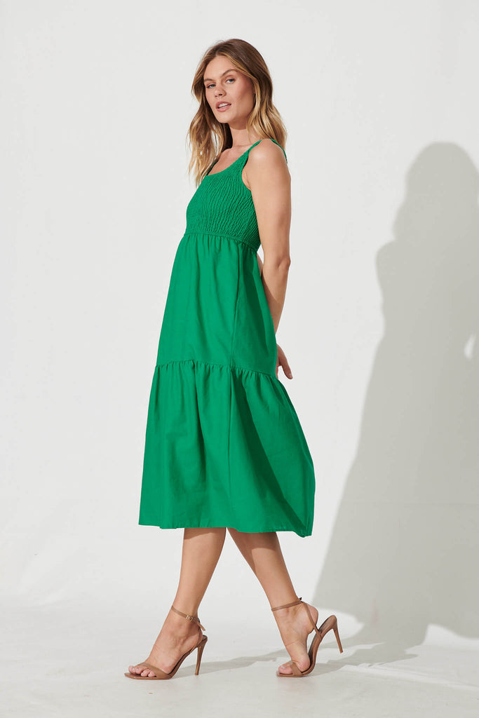 Caribbean Midi Dress In Bright Green Cotton Linen - full length