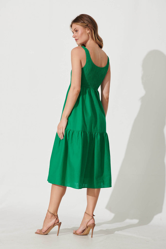 Caribbean Midi Dress In Bright Green Cotton Linen - side