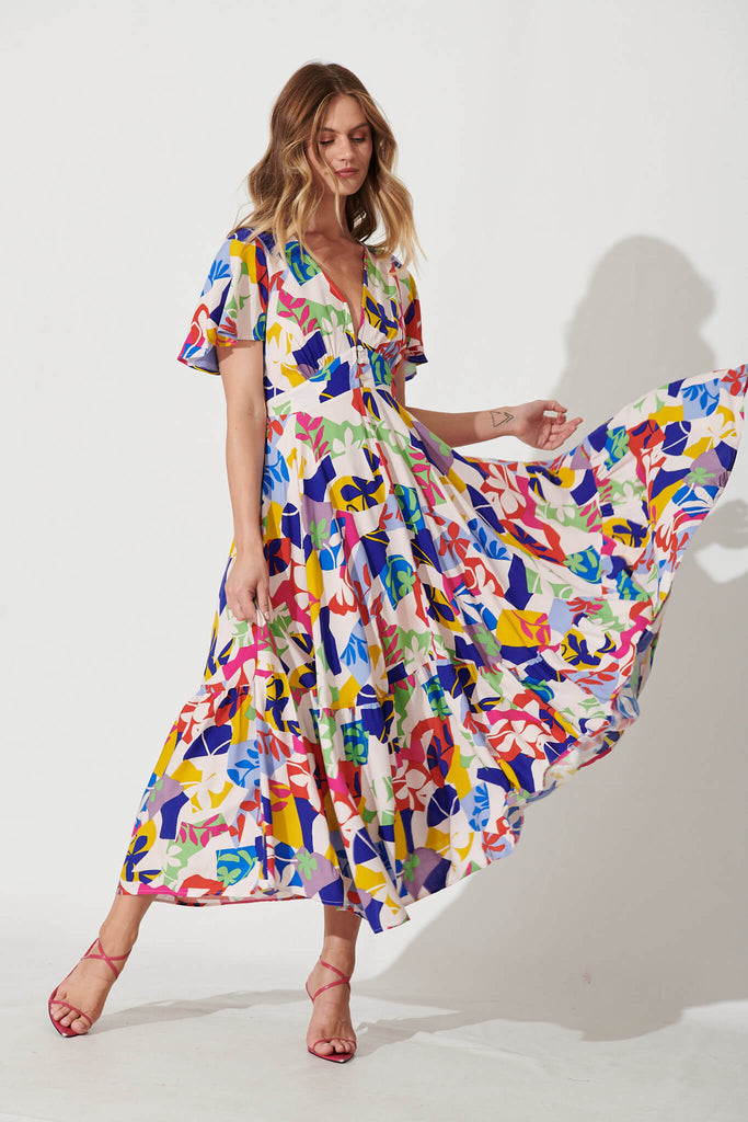 Nevada Maxi Dress In Bright Multi Leaf Print - full length