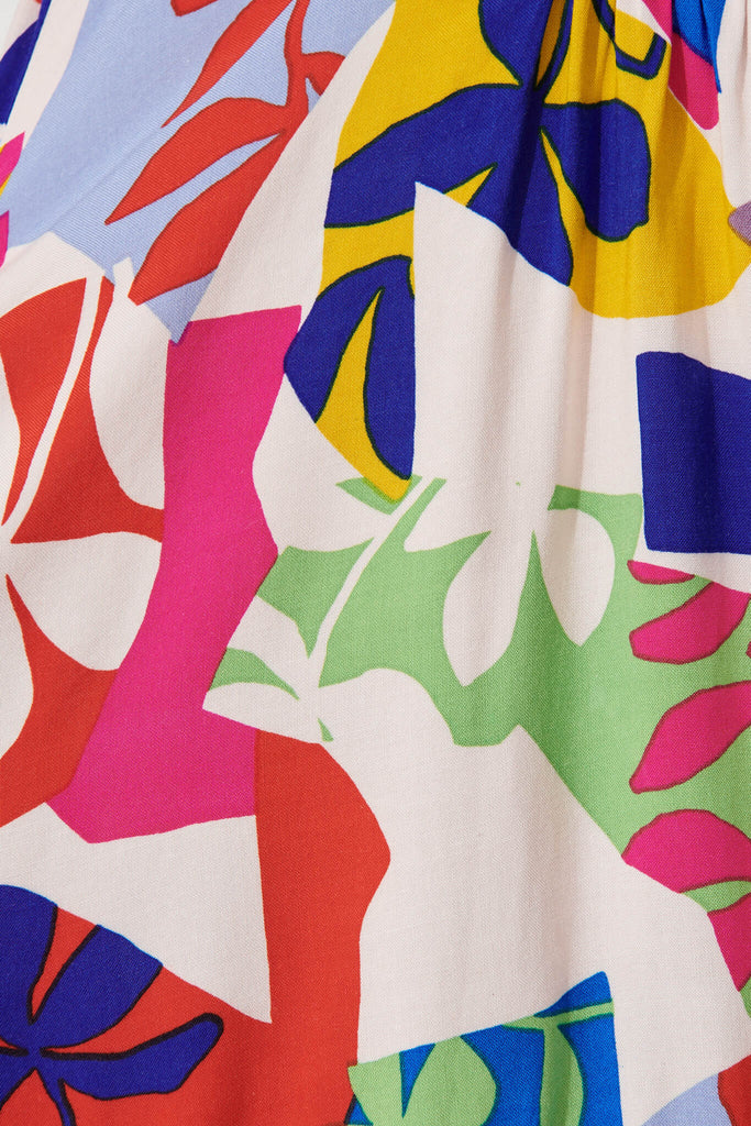 Emelyn Smock Dress In Bright Multi Leaf Print - fabric