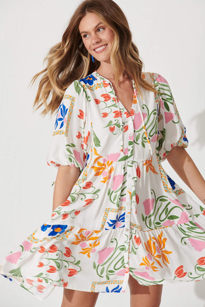 Emelyn Smock Dress In White With Bright Flowers - front