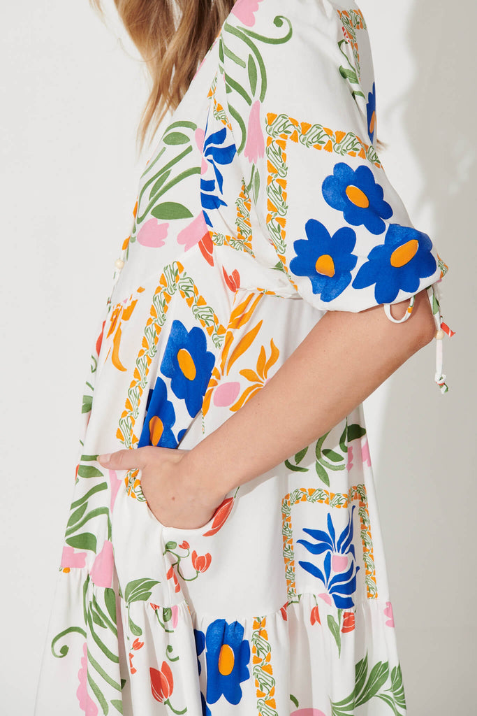 Emelyn Smock Dress In White With Bright Flowers - detail