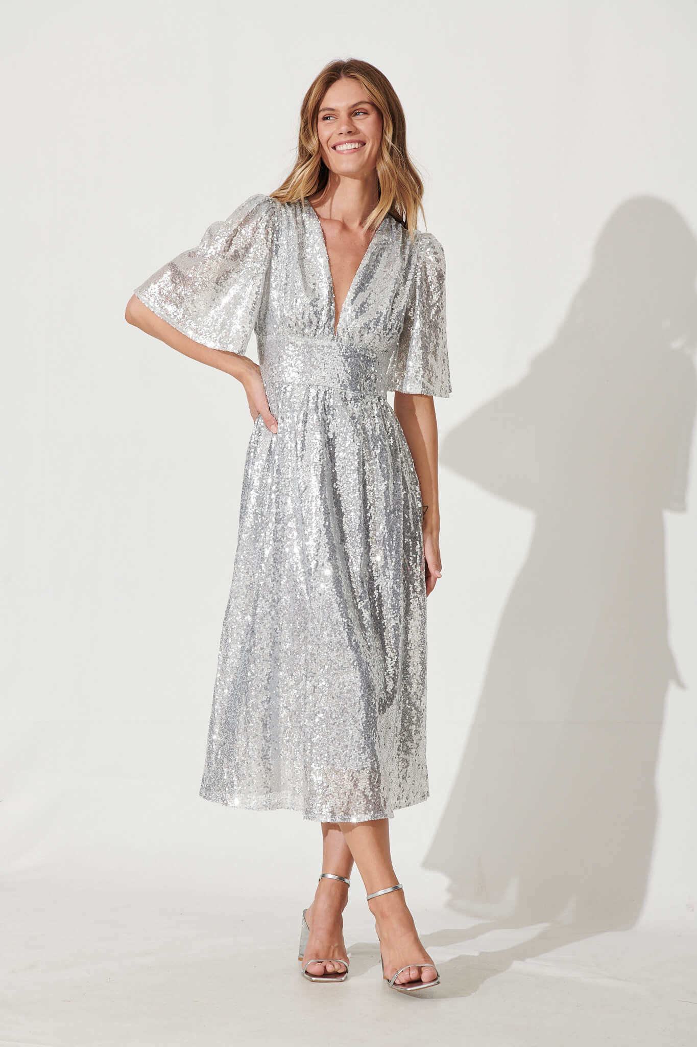 Livorno Midi Dress In Silver Sequin St Frock