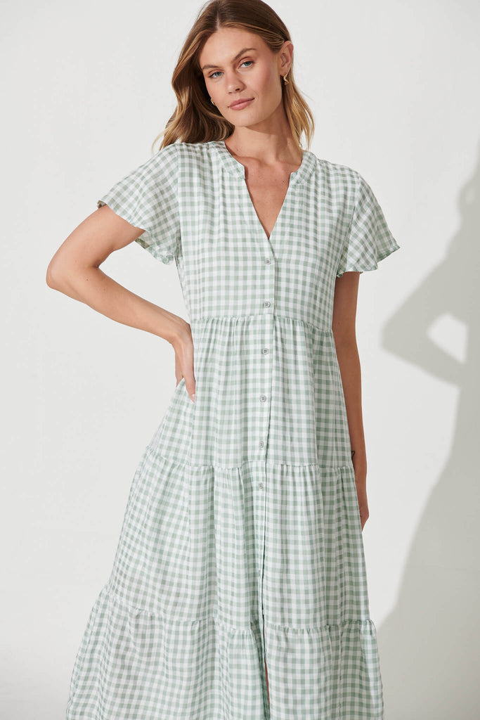 Bently Midi Dress In Green Gingham Check Cotton Blend - front