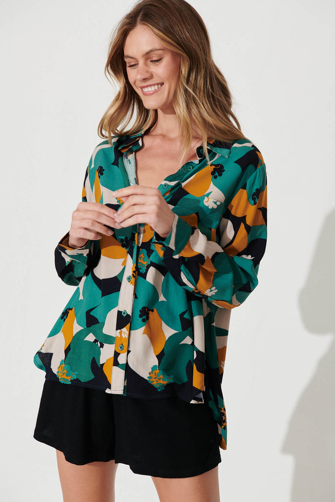 Milano Shirt In Teal With Mustard Print - front
