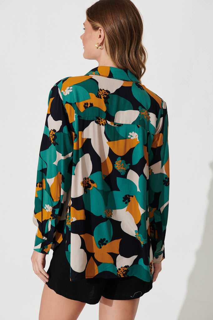 Milano Shirt In Teal With Mustard Print - back