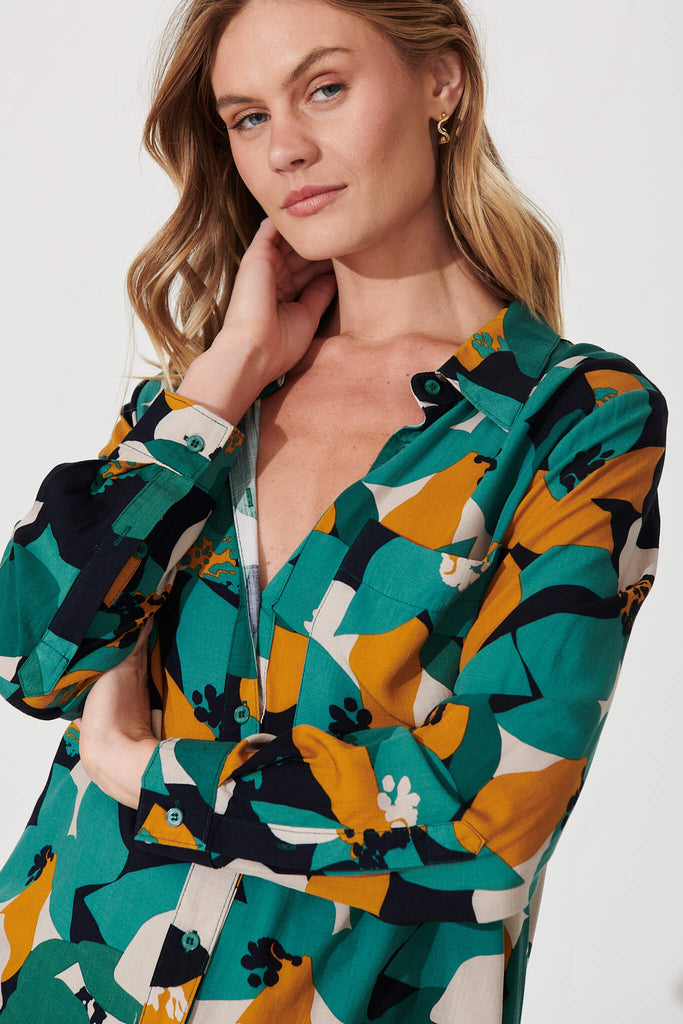 Milano Shirt In Teal With Mustard Print - detail