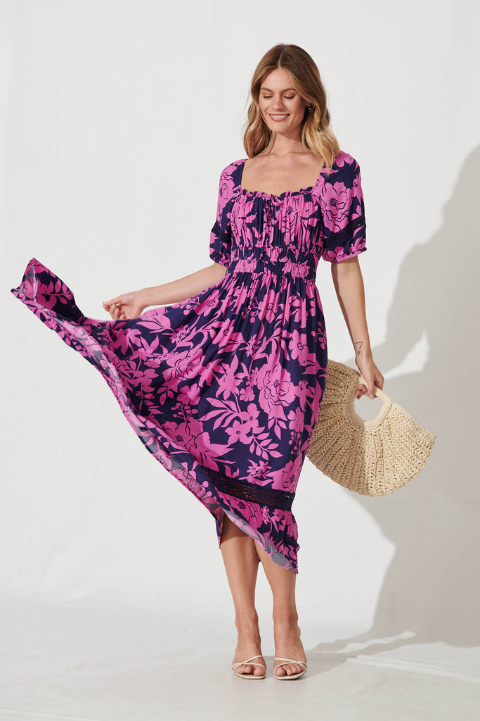 Hathaway Maxi Dress In Navy With Pink Flower - full length