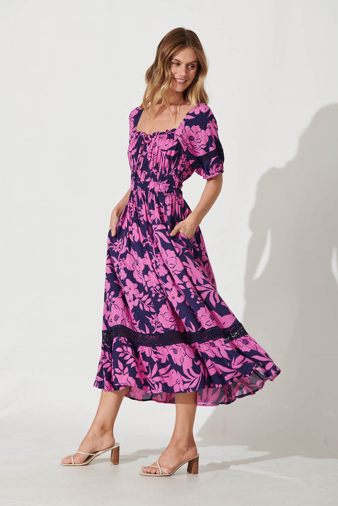 Hathaway Maxi Dress In Navy With Pink Flower - side