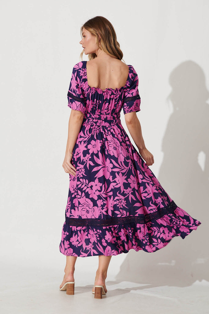 Hathaway Maxi Dress In Navy With Pink Flower - back