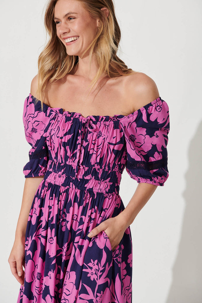 Hathaway Maxi Dress In Navy With Pink Flower - detail