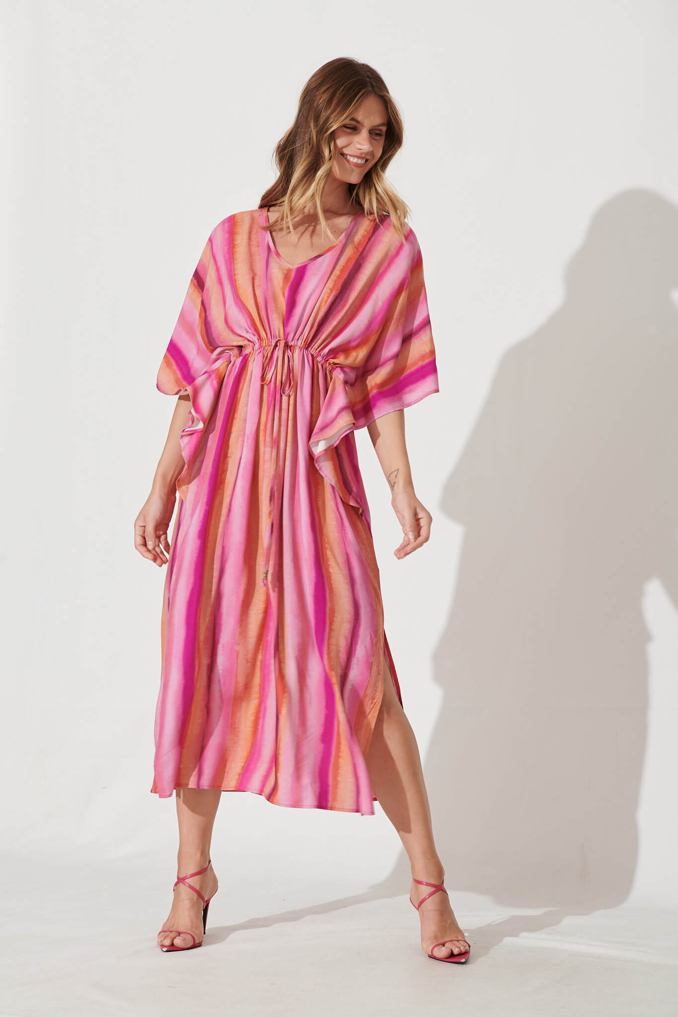 Weekend Maxi Dress In Pink With Orange Stripe - full length