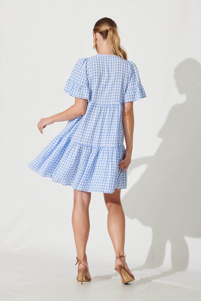 Tahnee Smock Dress In Blue And White Gingham Cotton Blend - back
