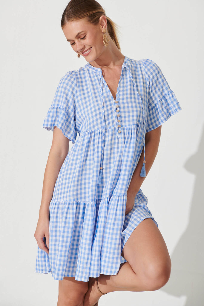 Tahnee Smock Dress In Blue And White Gingham Cotton Blend - front
