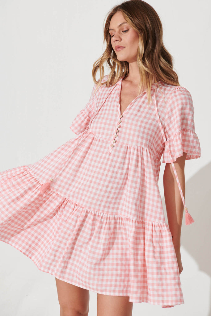 Tahnee Smock Dress In Pink And White Gingham Cotton Blend - front