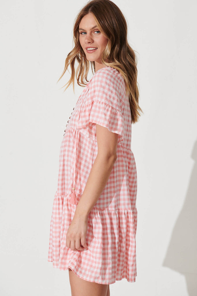 Tahnee Smock Dress In Pink And White Gingham Cotton Blend - side