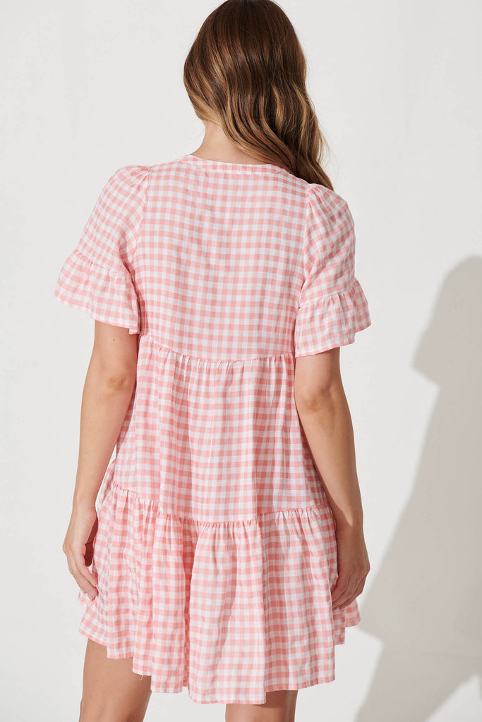 Tahnee Smock Dress In Pink And White Gingham Cotton Blend - back