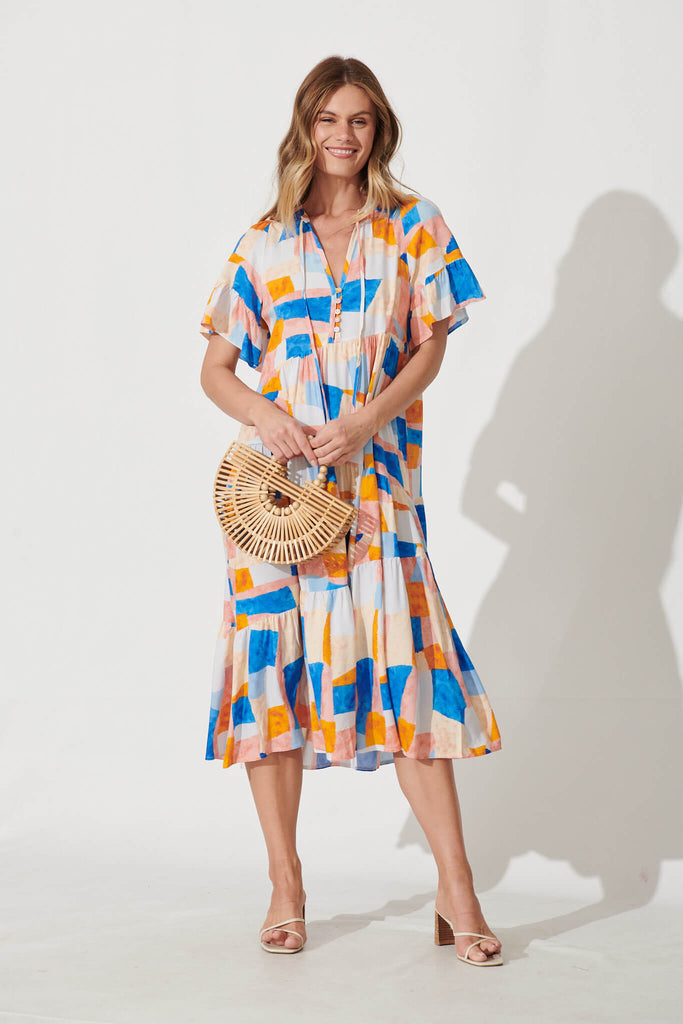 Lindy Midi Smock Dress In Abstract Squares Print - full length