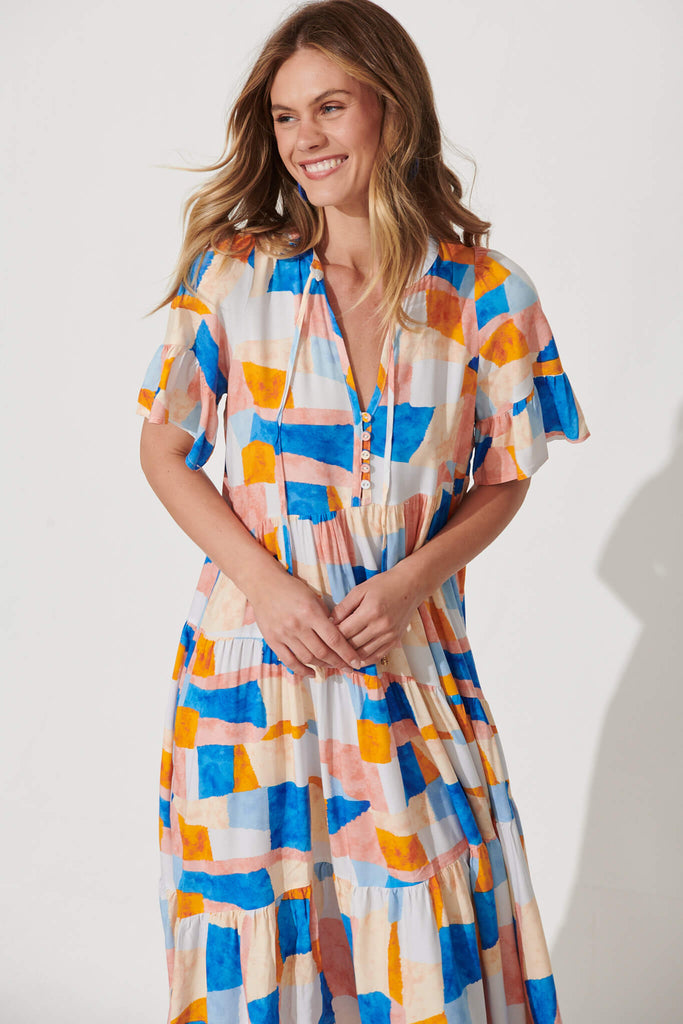 Lindy Midi Smock Dress In Abstract Squares Print - front