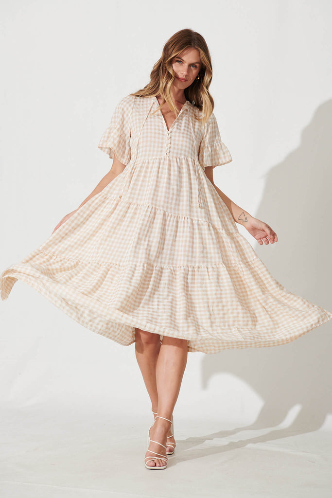 Charliese Midi Dress In Beige And White Gingham Cotton Blend - full length